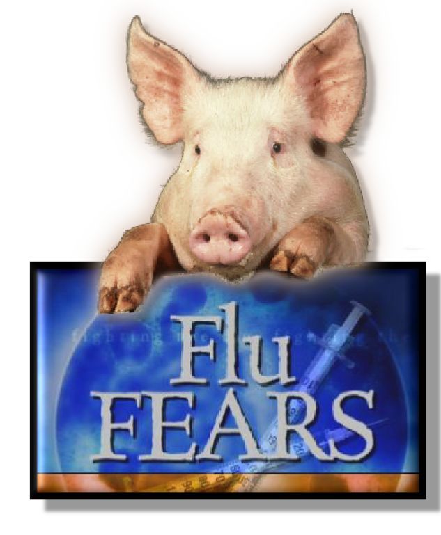 Picture of a pig leaning on top of a sign that says "Flu Fears".
